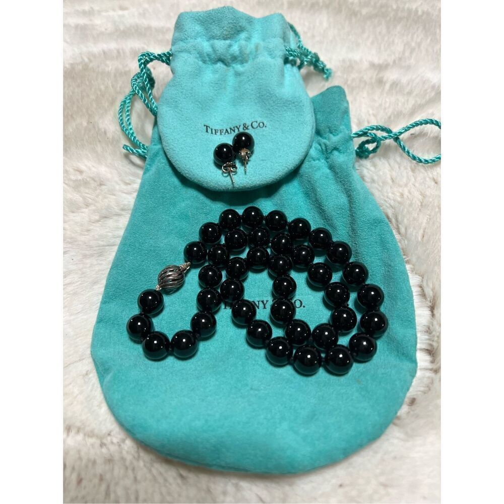 Tiffany & Co. Authentic Black Onyx Beaded Necklace with Matching Earrings